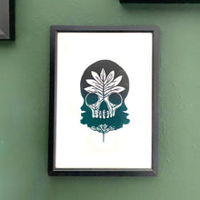 Load image into Gallery viewer, Posters, Prints, &amp; Visual Artwork Tree Skull Ombre Green &amp; Black Linocut Original A4 Linocut Print Michelle Midwinter