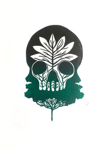 Posters, Prints, & Visual Artwork Tree Skull Ombre Green & Black Linocut Original A4 Linocut Print Michelle Midwinter
