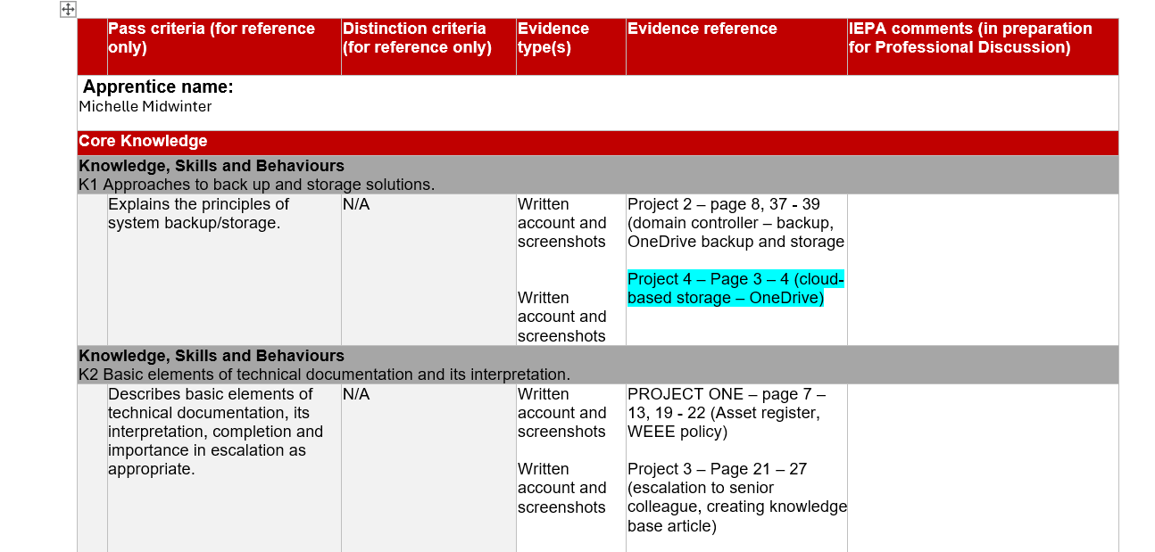 Section of ksb mapping matrix table showing a description of the KSB long with what page and prorject it was covered in